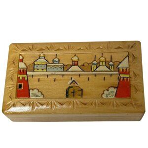 Russian Wooden Box Handmade Trinket Holder Vintage Folk Art Red Towers 5x2.75"